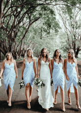 Yvette | Chic Sheath Pleated White Chiffon Midi Bridesmaid Dress with Spaghetti Straps and V - Neck - Price #price_variant_lowest# - Light Blue - PromDressClub